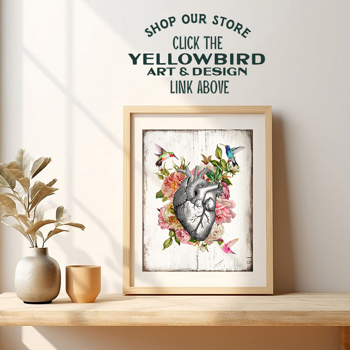 Heart Hummingbird Rose Wall Decor - 8x10 Rustic Farmhouse Shabby Chic Human Anatomy Art Decoration for Bedroom, Living Room, Medical Doctor Office - Gift for Cardiologist, Nurse, RN - UNFRAMED Print