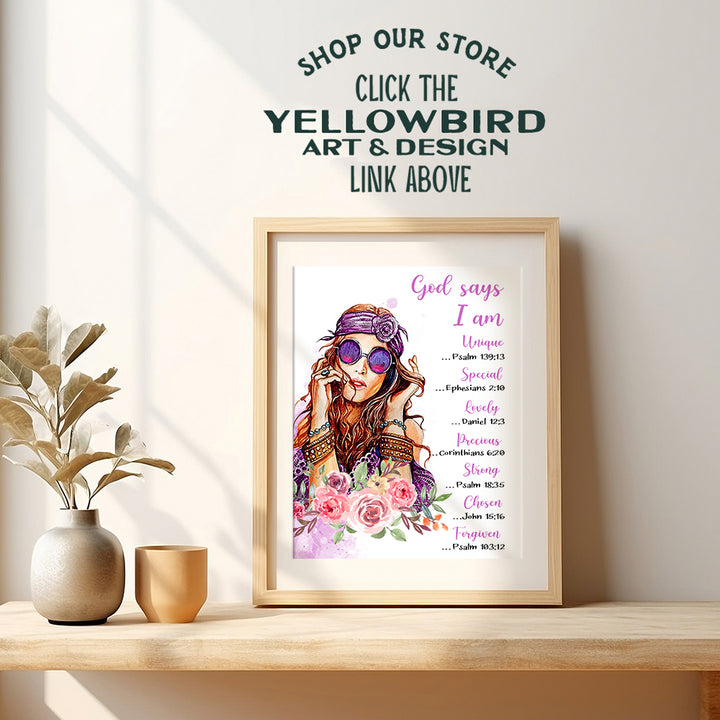 Boho Hippie Bible Verse Decor - God Says You Are Wall Art - Religious Christian Scripture Encouragement Gifts for Women, Girls, Teens Bedroom - Inspirational Motivational Poster - Hippy Bohemian Print