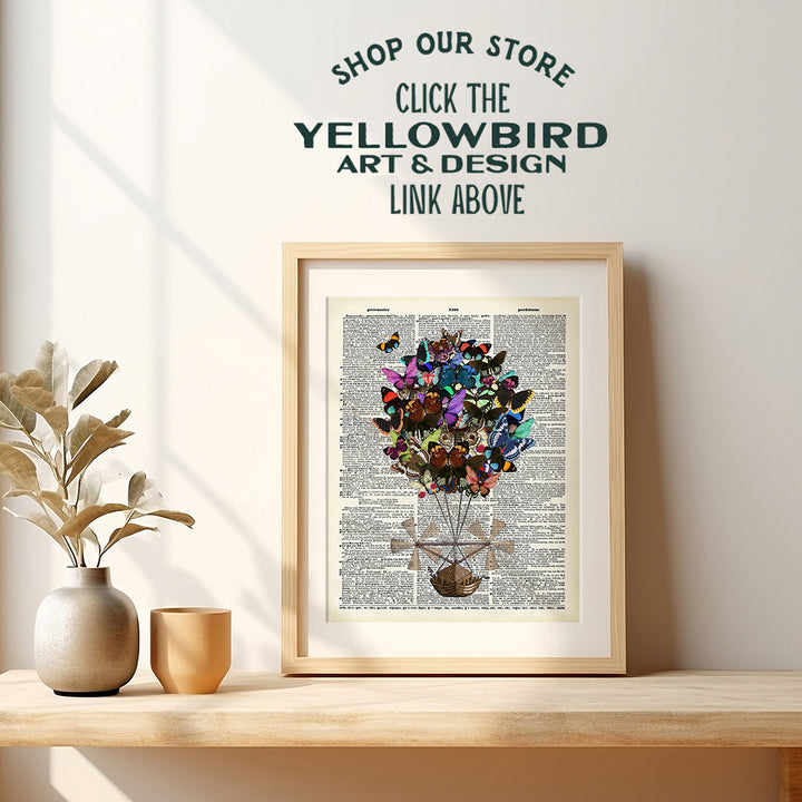 Butterfly Steampunk Decor - Hot Air Balloon Decorations - Dirigible Poster - 8x10 Blimp Airship Dictionary Art Print - Vintage Wall Art - Whimsical Decor - Victorian Home Decor - Goth Gothic Gifts