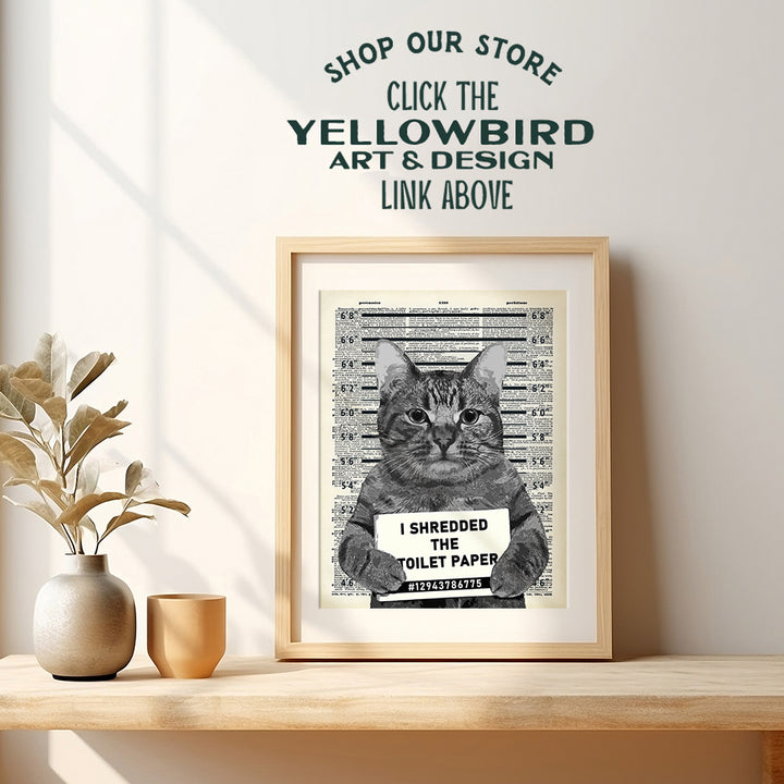 Guilty Cat Wall Decor - Cat Wall Art - Dictionary Art - 8x10 Humorous Poster, Mugshot Wall Art or Home Decoration for Bathroom, Bath - Funny Gag Gift for Cat Lovers - Upcycled Picture Photo Print