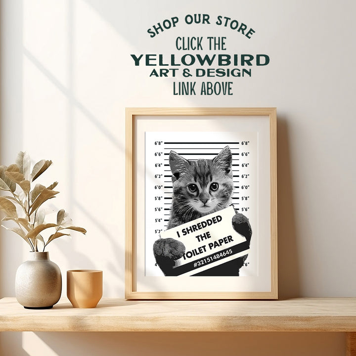 Funny Cat Bathroom Wall Art Decor - 8x10 Humorous Mugshot Home Decoration Poster for Restroom, Guest Bath, Powder Room - Gag Gift for Cat Lovers - Cute Picture Photo Print