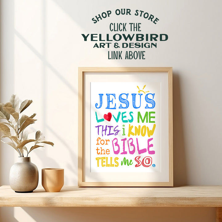 Religious Christian Kids Room Decor for Girls, Boys, Toddler Bedroom - Cute Baby Shower Gift - Jesus Loves Me Bible Verse Wall Art Print - 8x10 Poster Picture