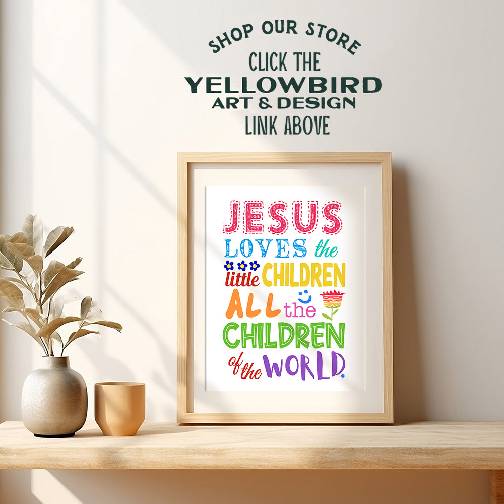 Girls, Boys, Kids Bedroom Decor - Religious Christian Wall Art, Room Decoration - Cute Baby Shower Gift - Jesus Loves the Little Children Bible Verse Wall Art Print - 8x10 Poster Picture