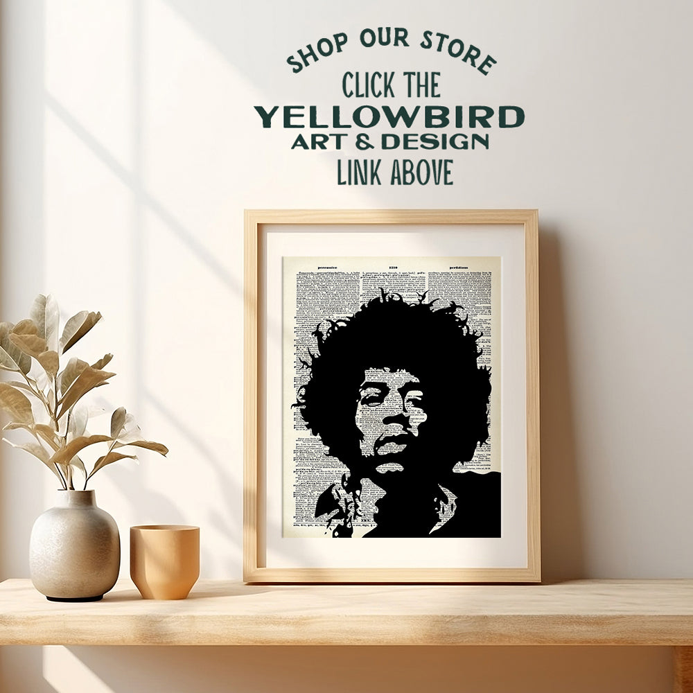 Jimi Hendrix Upcycled Dictionary Wall Art Print - Vintage 8x10 Unframed Photo- Perfect Gift for Rock n Roll 60s Music, Woodstock Fans and Guitar Players, Cool Home Decor