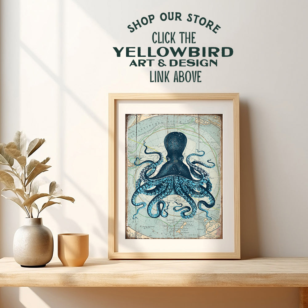 Retro Style Nautical Home, Office, Apartment or Wall Decor Picture - Vintage Octopus Photo Print is Great Gift or Decoration for Bathroom, Beach or Ocean House - 8x10 Art Poster