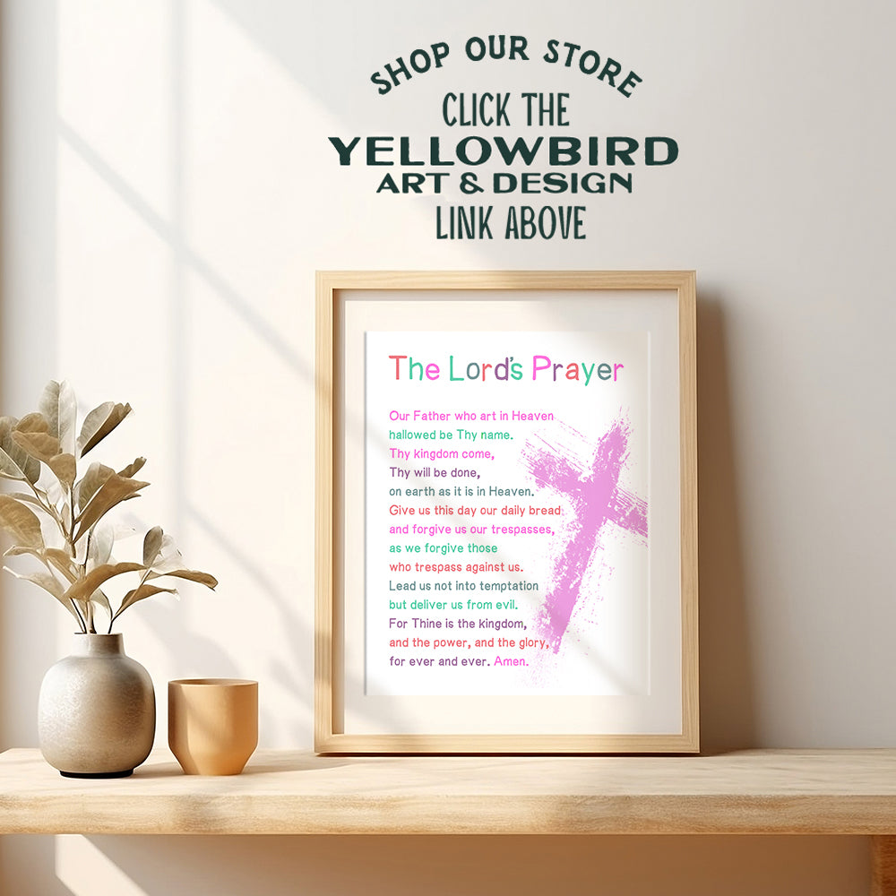 Lords Prayer Bible Verse Wall Art - Religious Scripture Girls Bedroom Decor - Christian Daughter Gifts for Toddler, Baby Girls Room - Blessed Church Sunday School Kids Decorations - Pink Cross Poster