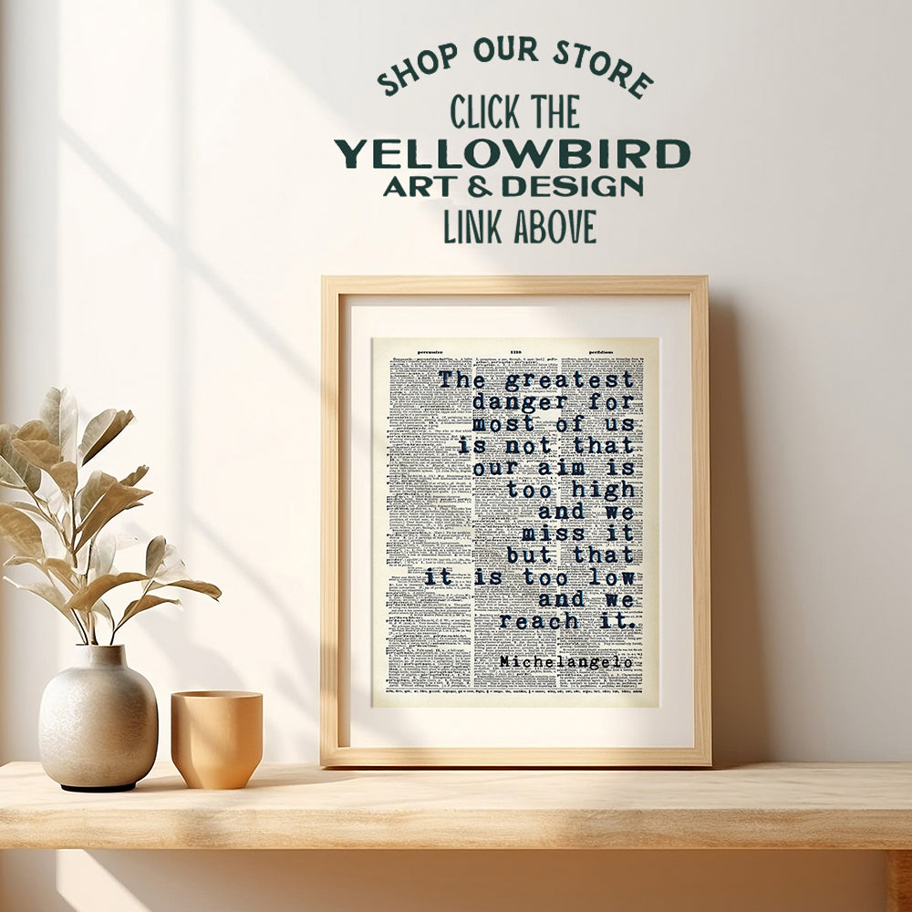 Inspirational Michelangelo Quote, Upcycled Dictionary Wall Art Decor Print - 8x10 Motivational Home Decoration Poster for Bedroom, Office - Gift for History Fans, Entrepreneurs