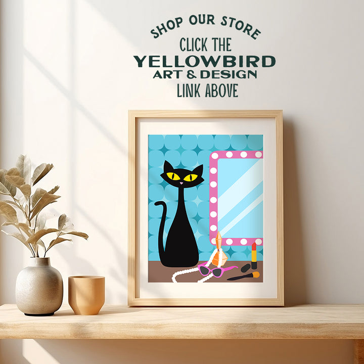 Mid Century Cat Wall Decor - Cute Cat Gifts for Women, Woman, Cat Mom, Girl - Cat Stuff Blue Bathroom Decor - Minimalist Cat Wall Art - Modern Bathroom Wall Decor for Women - Black cat Lover Gifts