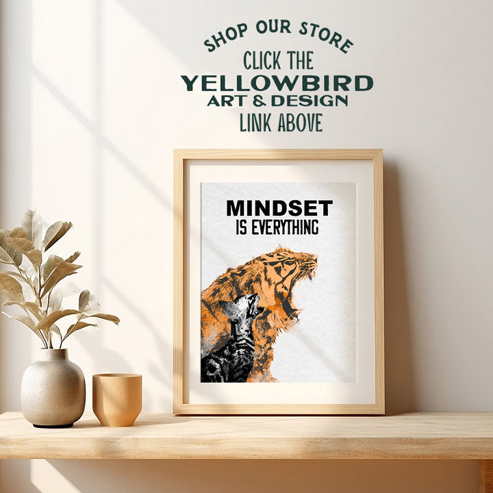 Motivational Wall Art Poster - Home, Office Decor - Gift for Entrepreneur, Student, Men, Teens - Positive Uplifting Inspirational Self-Improvement Quote w/Tiger, Cat, Kitten - Mindset is Everything