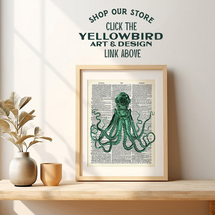 Octopus in Dive Helmet - Unframed Dictionary Wall Art Print - Steampunk - Great For Home Decor and Easy Gift Giving - Ready to Frame (8X10) Vintage Photo