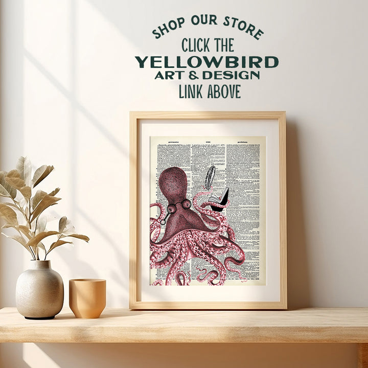 Cute Octopus Wall Decor - Beach Bathroom Decor Wall Art - Upcycled Dictionary Art - Chic Unique Gift for Writers, Authors, Blogging Fans, Book Lovers - Funny Picture Print Poster - Nautical Wall Art