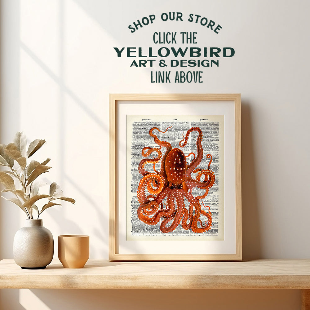 Orange Octopus Unframed Dictionary Wall Art Print - Perfect For Beach House Home Decor and Easy Gift Giving - Ready to Frame (8x10) Photo