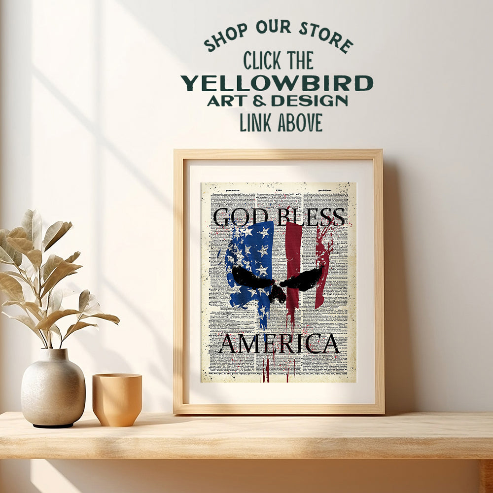 Patriotic American Flag Punisher Dictionary Art Print - Vintage Upcycled God Bless America Wall Art Poster- Great Home or Office Decor - Gift for Military Veterans, Vets, 4th of July - 8x10