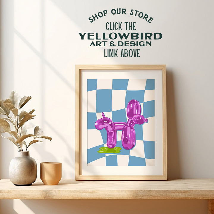 Trendy Bathroom Wall Art for Women - Cute Light Blue Contemporary art for Girls Dorm, small Apartment, Teen Bedroom - Funky Aesthetic Preppy Purple Pop art print - Balloon Dog funny Wall Decor Poster