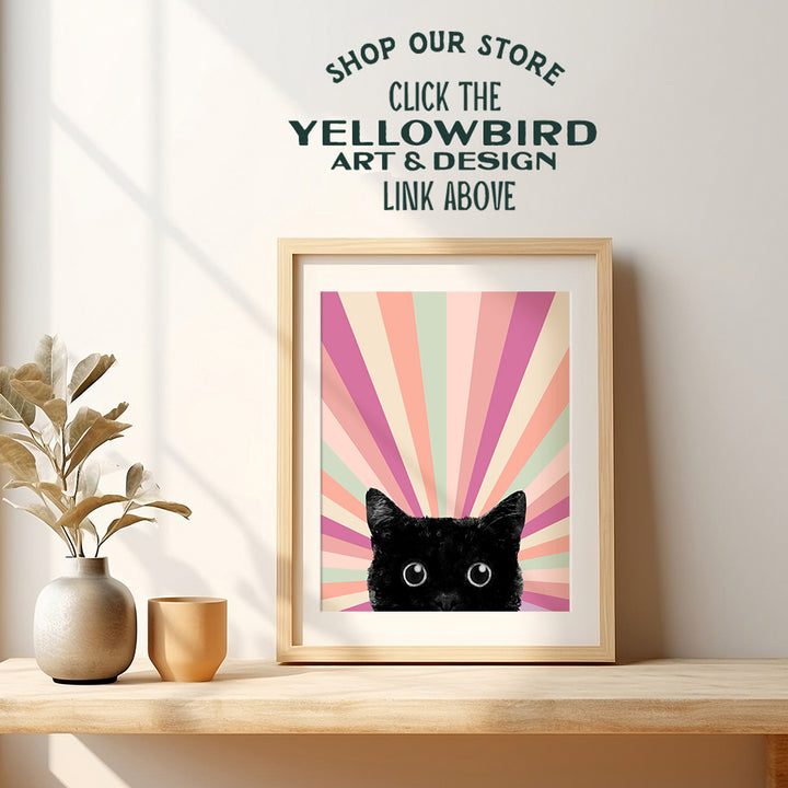 Mid Century Cat Boho Decor - Cute Cat Wall Decor - Pink Boho Wall Art Minimalist Room Decor - Vintage Retro Black cat Stuff, Cat Mom, Cat Lover Cat Themed Gifts for Women - Boho-chic Decor Cat Poster