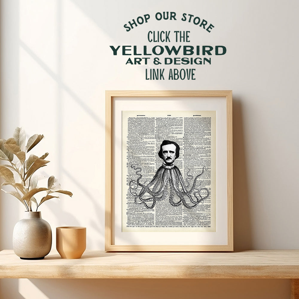 Edgar Allan Poe Octopus Wall Art - Goth Gothic Home Decor, Decoration for Bedroom, Living Room, Bathroom - Funny Gift for Steampunk Fans, Men, Teens - 8x10 UNFRAMED Poster Print