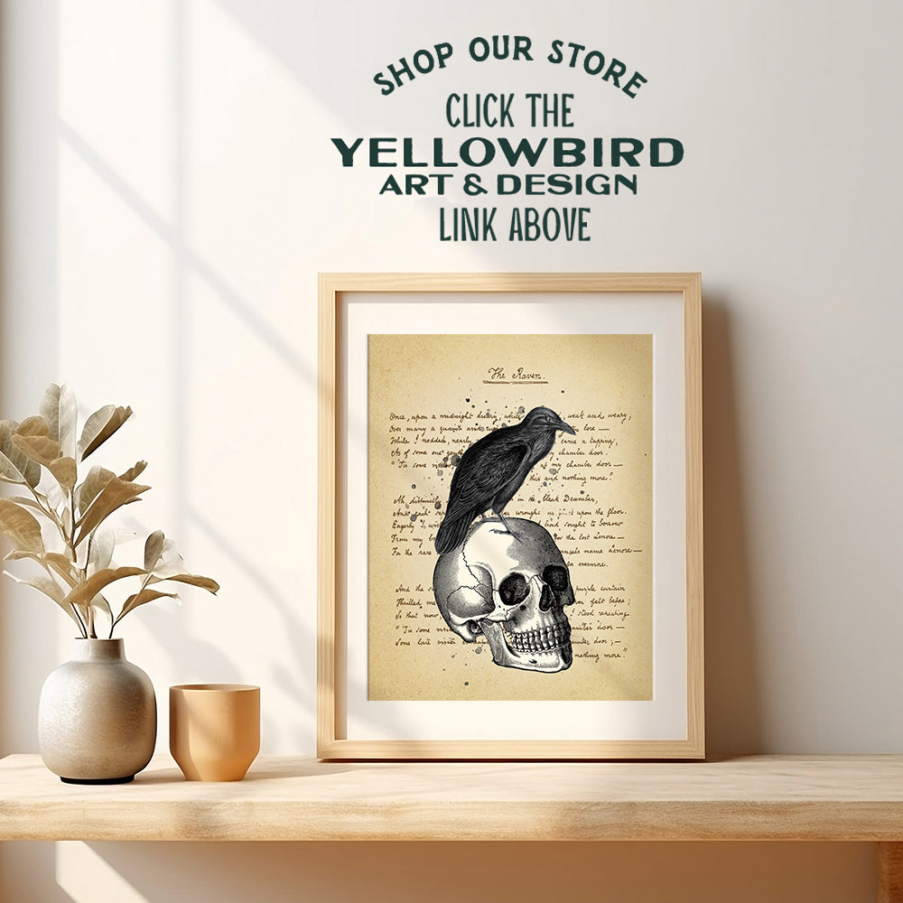 Edgar Allan Poe The Raven on Skull Poster - Vintage Gothic Creepy Wall Art - Goth Rustic Retro Home Decor, Nevermore Poem - Apartment or Office Decoration Picture for Living Room, Bedroom