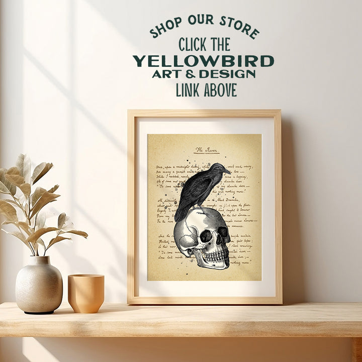 Edgar Allan Poe The Raven on Skull Poster - Vintage Gothic Creepy Wall Art - Goth Rustic Retro Home Decor, Nevermore Poem - Apartment or Office Decoration Picture for Living Room, Bedroom