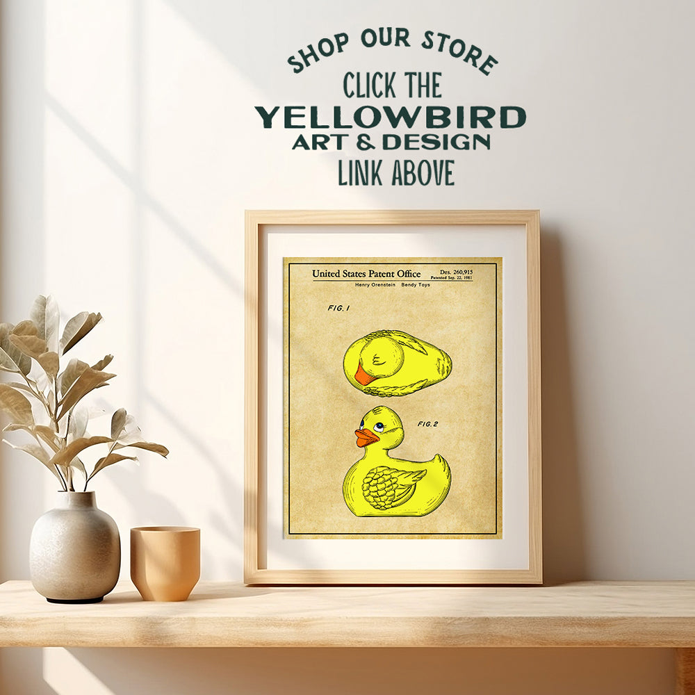 Rubber Duck Bathroom Patent Art Print - Vintage Wall Art Poster - Chic Retro Home Decor for Boys, Girls and Baby Room, Nursery or Bath - Great Gift for Mom - 8x10 Photo - Unframed