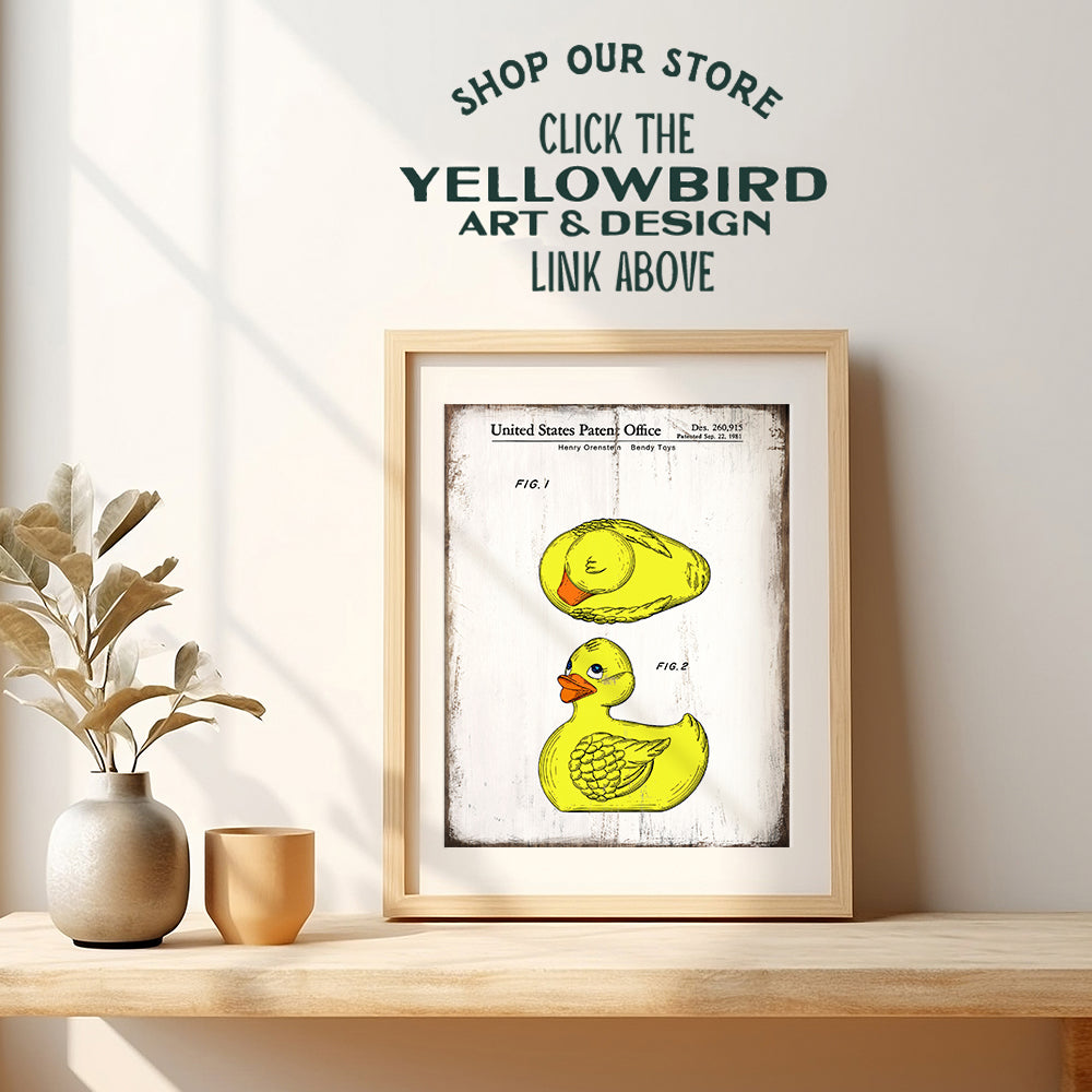 Rubber Ducky Patent Print - 8x10 Vintage Bathroom Wall Art Photo -Retro Farmhouse Cottage Home Decor for Boys, Girls, Kids, Baby Room, Nursery, Bath - Rustic Shabby Chic Gift for Mom - Unframed Poster