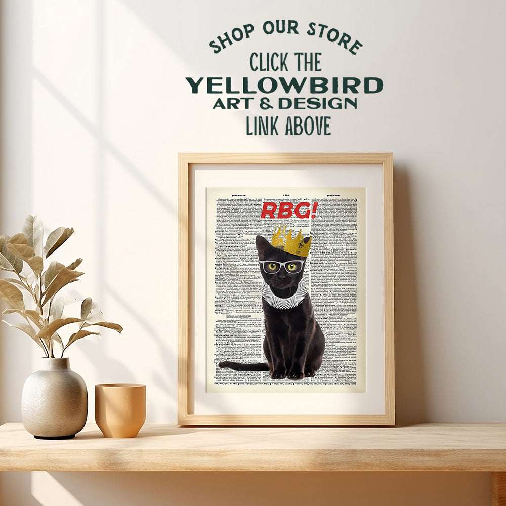 Ruth Bader Ginsburg Cat Wall Art Print - Funny RBG Cat Wall Decor - Upcycled Dictionary Art Picture - Vintage Photo - Great Unique Home Decor or Gift For Lawyers, Attorneys