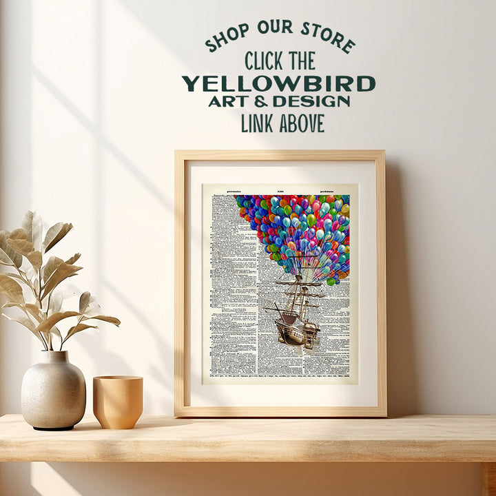 Ship Sailing with Balloons - Wall Art Print on Dictionary Photo - Great Gift for Hot Air Balloon Enthusiasts - Steampunk Chic Home Decor - Colorful - Ready to Frame (8x10) Vintage Photo