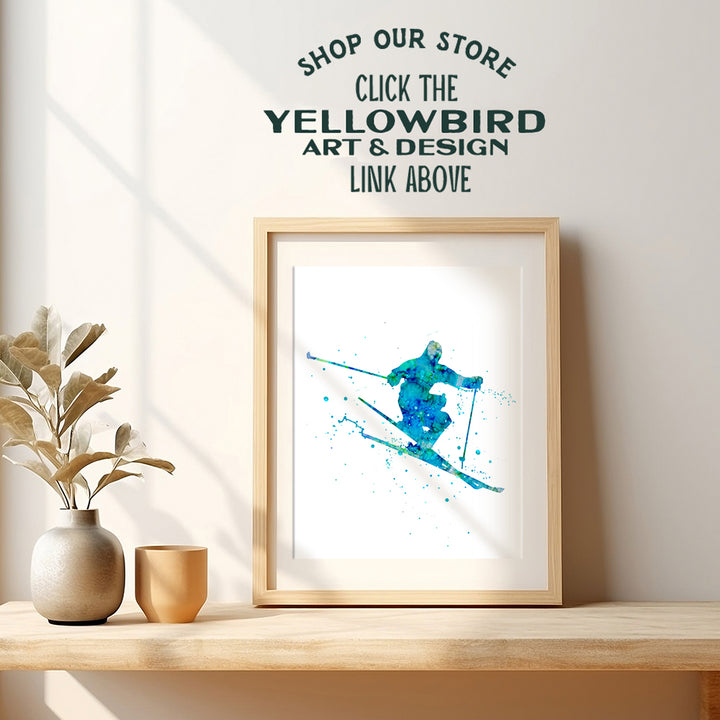 Skiing Watercolor Wall Art Print - 8x10 Unframed Photo - Great Gift for Skiers and Snowboarders- Chic Home Decor