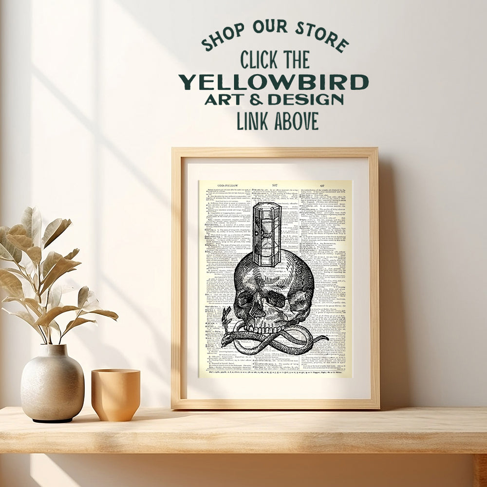 Skull, Snake, Hourglass Goth Gothic Home Decor - Gift for Occult, Wicca, Wiccan, Esoteric Arts Fan - Vintage Dictionary Room Decor Wall Art Print - Steampunk Poster - 8x10 UNFRAMED