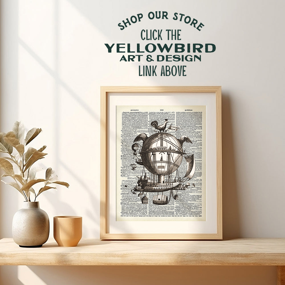 Steampunk Dirigible Airship - Cool Rustic Upcycled Dictionary Wall Art Print - Gift for Steampunk Hot Air Balloon Fans - Unique Goth Gothic Home Decor - Vintage 8x10 UNFRAMED Photo