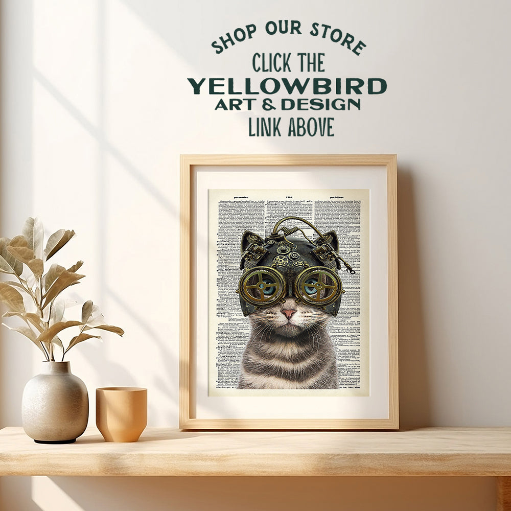 Steampunk Cat in Goggles, Gears - Gothic Wall Art Home Decor - Cat Wall Art - Gift for Kitty Kitten Pussycat Victorian Renaissance Fan - Home Decoration Poster Picture - Bedroom, Bathroom, Living Room