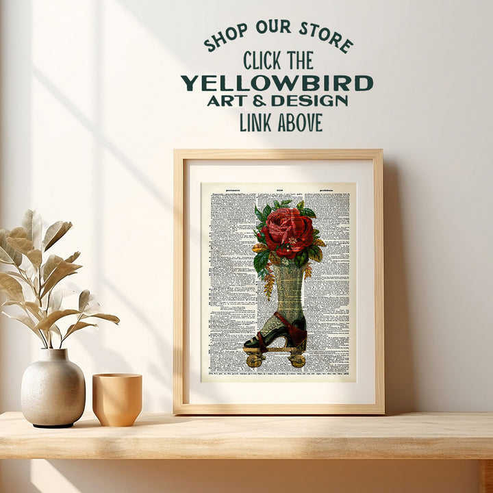 Steampunk Roller Skate Dictionary Wall Art - Vintage Retro Hipster Victorian Home Decor for Bedroom, Bathroom, Office, Living Room - Unique Cool Shabby Chic Gift - Floral Rose Poster Print Artwork