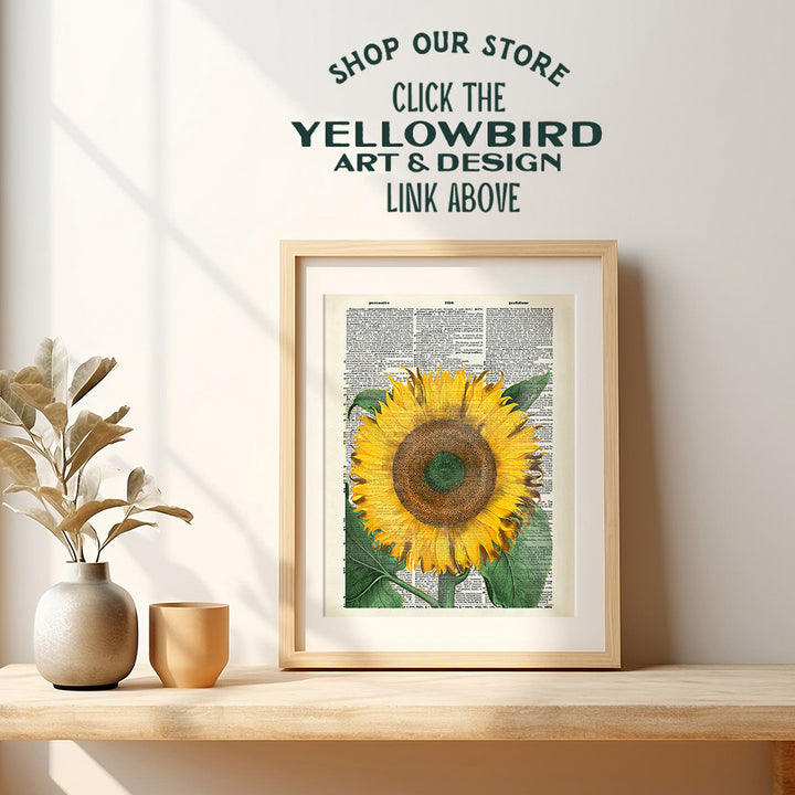 Sunflower On Photo of Dictionary Page - Unframed Wall Art Print - Great For Home Decor - Affordable and Easy Gift Giving - Ready to Frame (8x10) Photo