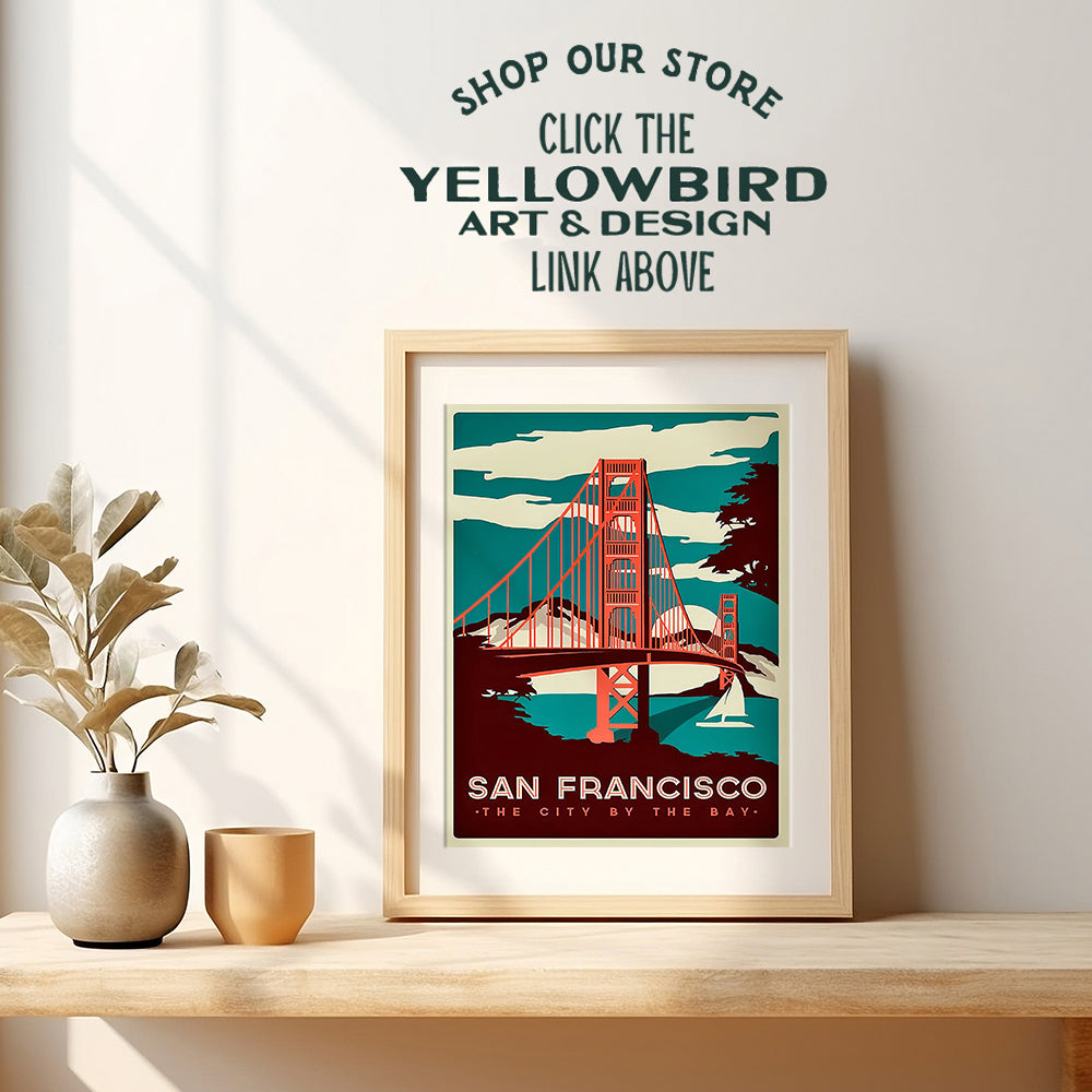 San Francisco Golden Gate Bridge Vintage Art Print Wall Poster -Chic Home Decor for Living Room, Bedroom, Family Room, Office - Gift for California CA Travel Fans- 8x10 Photo Unframed