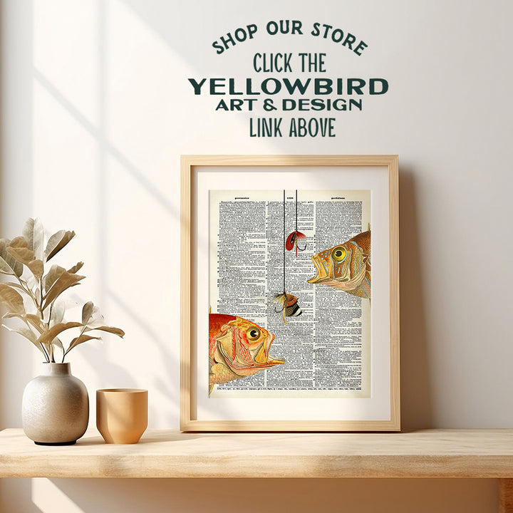 Fishing Upcycled Dictionary Wall Art Print - 8x10 Vintage Unframed Photo - Perfect Gift for Fishermen and Great Beach House and Lake House Home Decor - 2 Hungry Fish