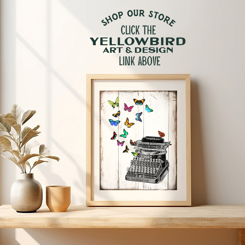 Typewriter Butterfly Home Decor, Wall Art - Cute Rustic Shabby Chic Decoration for Living Room, Bedroom, Bathroom, Kitchen - Vintage Style Poster or Gift for Writer, Literature Fan- 8x10 UNFRAMED