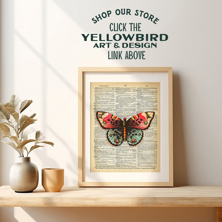 Upcycled Dictionary Wall Art Print - 8x10 Vintage Unframed Photo - Great For Home Decor and Easy Gift Giving - Nature - Orange and Green Butterfly