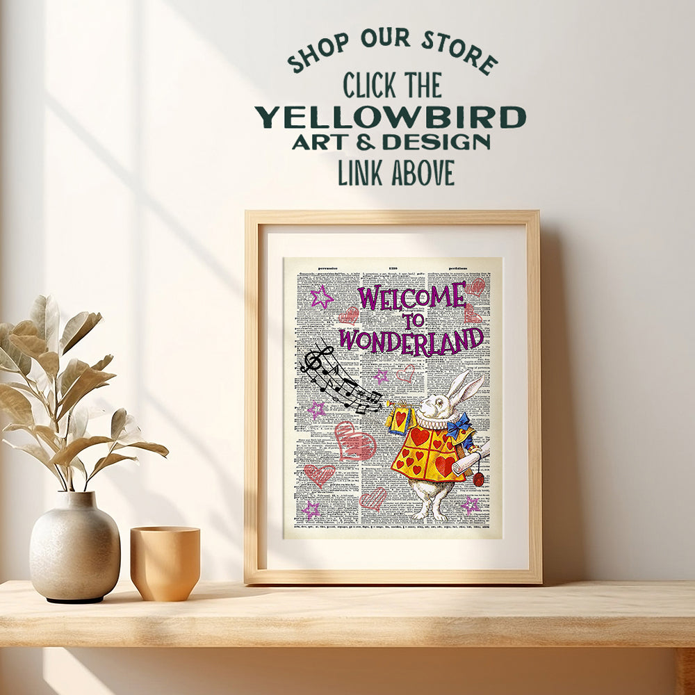 Alice Wonderland Art Print - White Rabbit Upcycled Dictionary Wall Art Poster for Nursery, Kids, Boys, Girls Room - Great Baby Shower Gift - 8x10 Unframed Photo