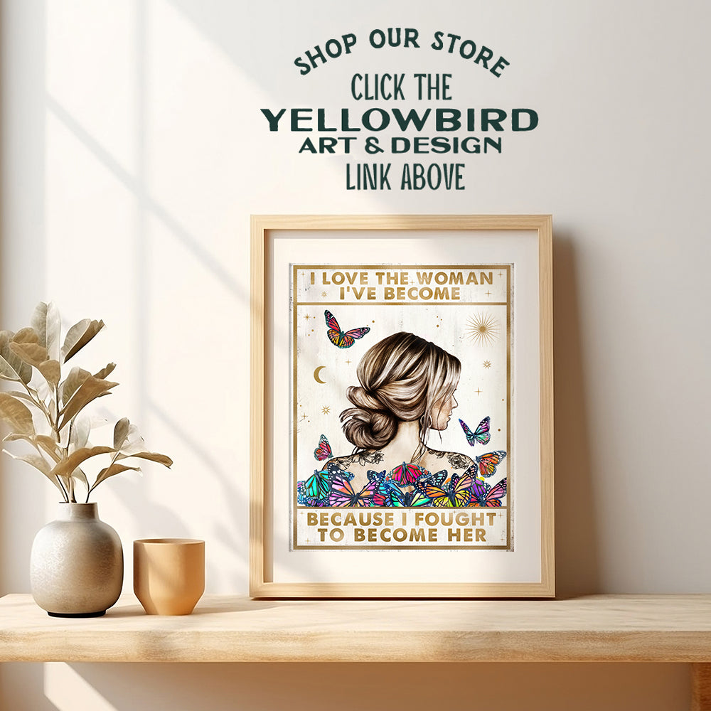 Boho Butterflies Hippie Wall Art & Decor - Positive Quotes Inspiration Room decoration Motivational poster - Encouragement Gift for Woman - Bedroom Home Office Living room - Yellowbird Art & Design