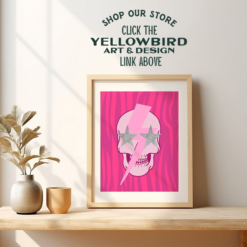 Indie Aesthetics Room Decor - Preppy Room Decor - Cool Retro style Modern art Contemporary art Hipster Minimalist Wall Art & Decor Poster - Pink Skull Wall Decor - Yellowbird Art & Design 8x10