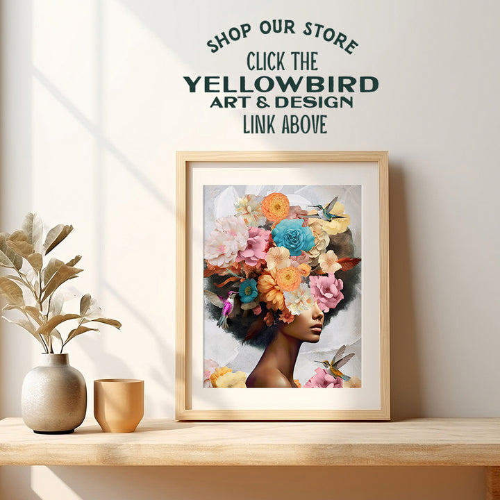 Black women Floral Wall Art - Boho Wall Decor for African Americans, Black Girl - Black Wall Art for Women - Boho-chic Flower Decorations - Women's Bedroom, Living room, Home - Yellowbird Art & Design