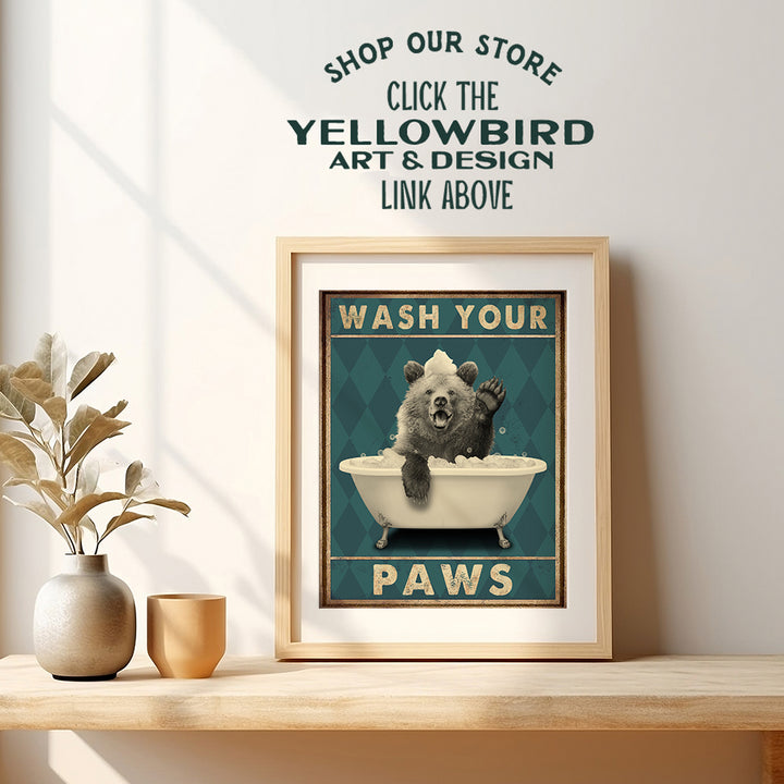 Wash Your Paws - Bear Wall Art - Funny Bathroom Decor for Women, Kids - Bathroom Pictures - Bath Wall Decor - Cute Bathroom Accessories - Powder Room - Wash Your Hands Restroom Sign - Butt Napkins