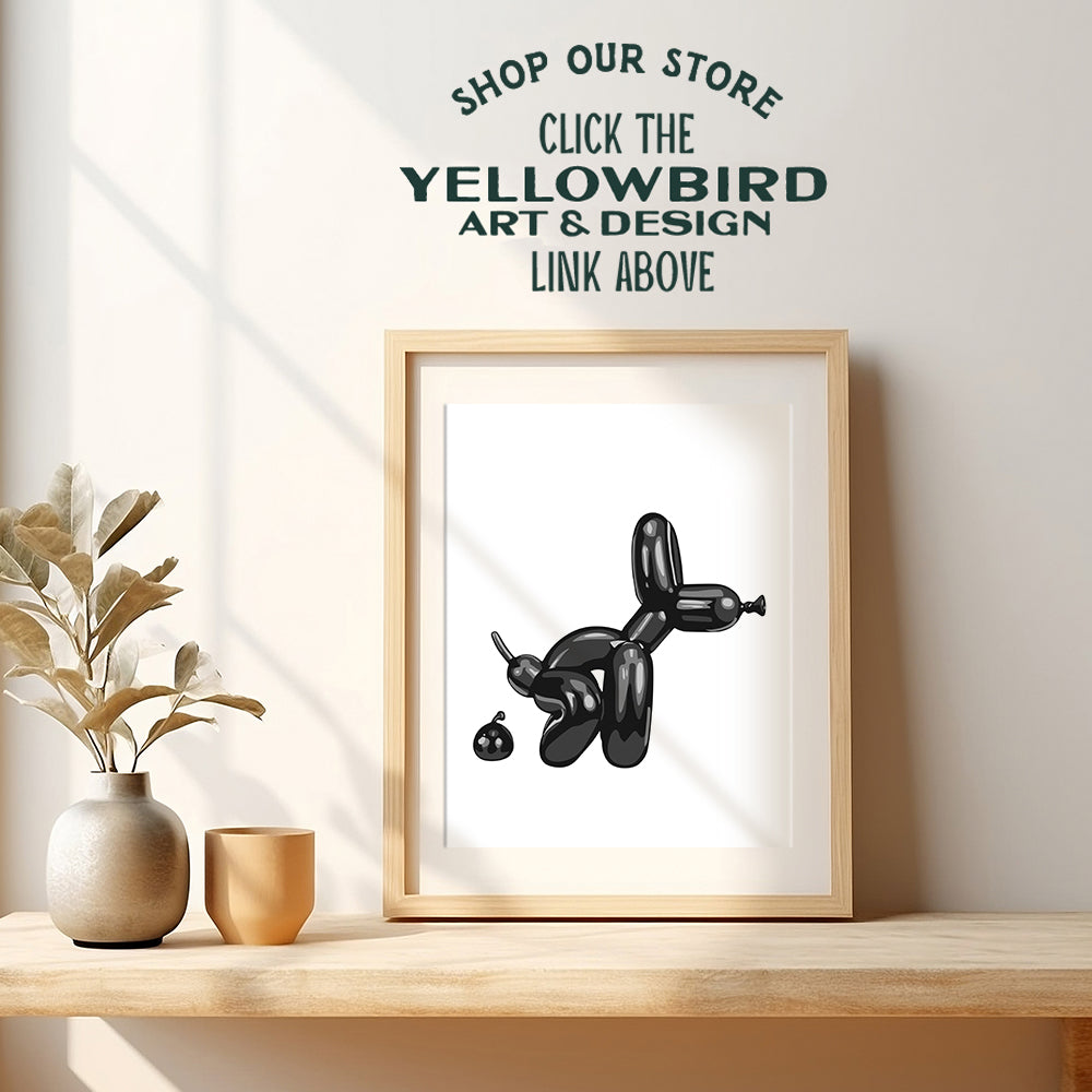 Black Bathroom Wall Decor - Bathroom Decor for Men - funny Bathroom Signs - Modern Bathroom Balloon Dog Pop art - Retro style Wall Decor - Funky Trendy Minimalist Dorm Decor - Black and White Wall Art