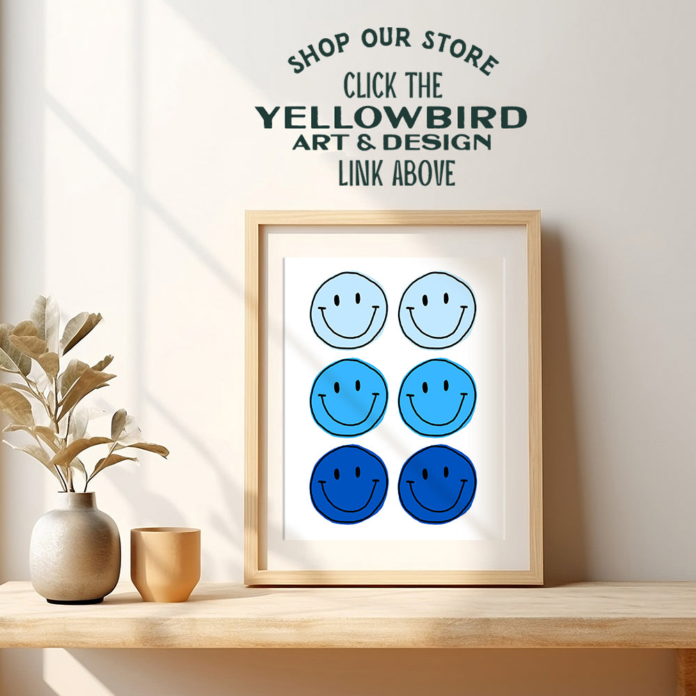 Smiley Face Wall Art & Decor - Blue Smile Preppy Wall Art Poster print - Yellowbird Art & Design Contemporary art Aesthetic Indie Grunge Home Decor - Living room, Boys Bedroom Decor UNFRAMED 8X10