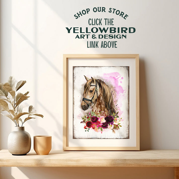 Boho Horse Wall Art & Decor - Rustic Farmhouse Barn Wall Decor for Girls Bedroom, Office, Living Room - Country Western Shabby Chic Decorations - Gift for Equestrian Women - Pink Pony Poster