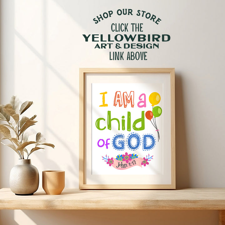 Child of God Scripture Decor - Christian Bible Verse Wall Art Poster for Nursery, Little Boys Room, Toddler Girls Bedroom - Religious Gifts for Kids - God Wall Decor - Positive Inspirational Quotes