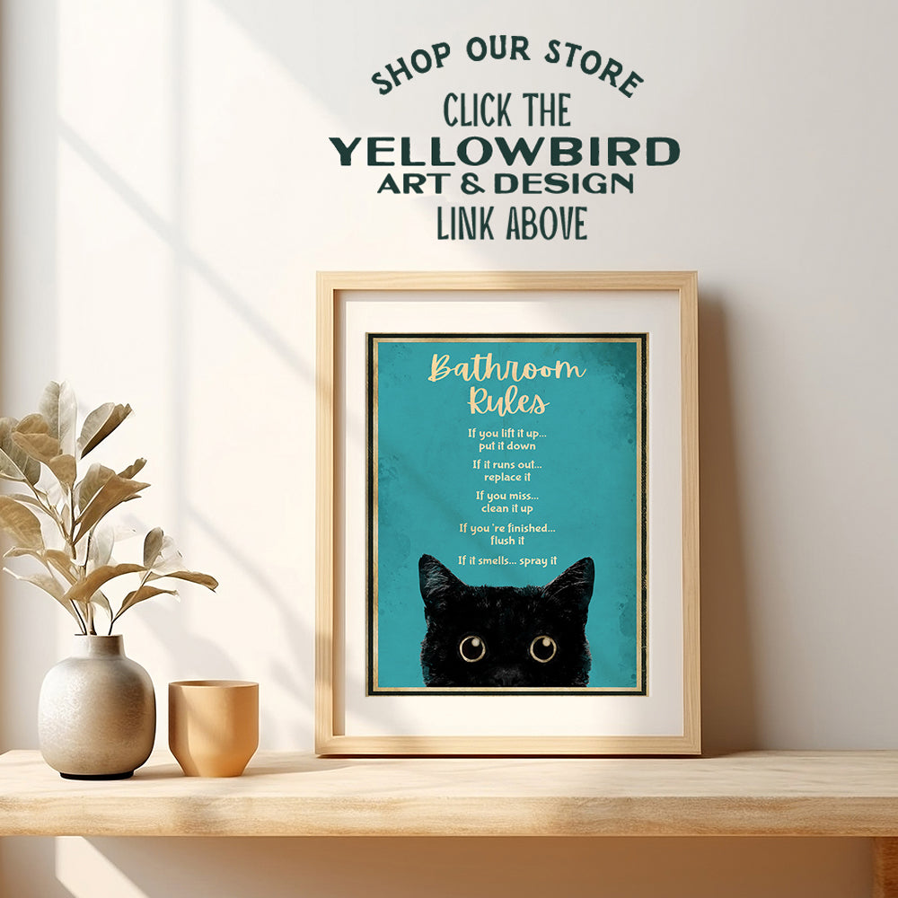 Funny Cat Bathroom Decor for Women, 11x14 - Bathroom Rules Wall Decor - Teal Bathroom Wall Art - Bath Wall Decor - Guest Bathroom - Powder Room - Restroom Sign - Blue Bathroom Decorations - Kitty