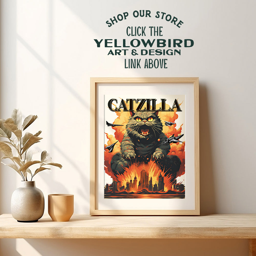 Funny Cats Wall Art & Decor - Catzilla - Black cat - Funny Cat Poster - Cat Gifts for Men, Cat Dad, Boys' Bedroom, Man cave Decor - Mens Cat Wall Decor - Horror Movie Poster - Japanese Wall Art Print