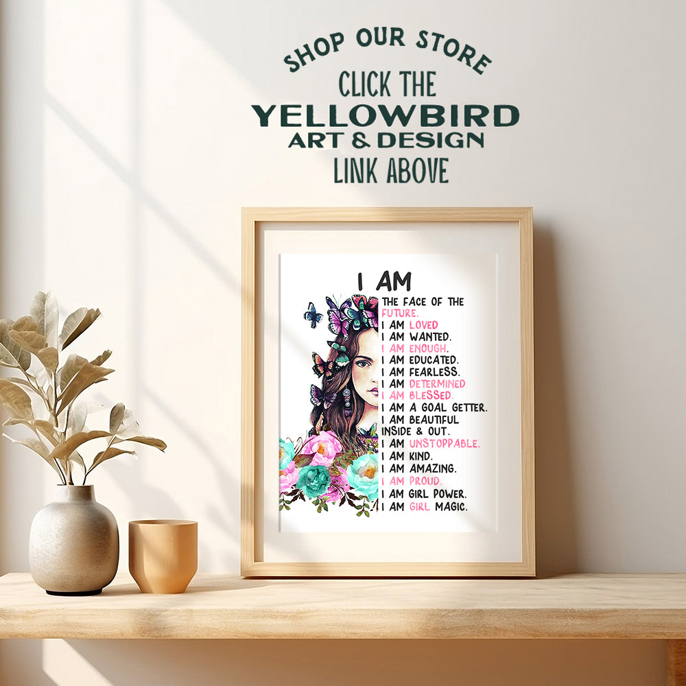 Positive Affirmations Bedroom Wall Art - Positive Quotes - I Am Tween Little Girls Room Decor Poster - Inspiration Daughter Gift - Inspirational Saying for Teen Girl - Yellowbird Art & Design 8x10