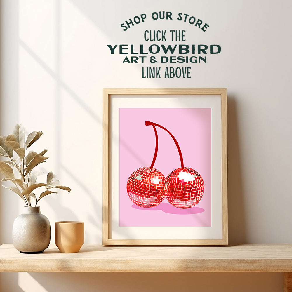 Disco Ball Cherry Decor - 70s 80s Wall Decor for Women Girls - Aesthetic Room Decor - Vintage Retro style Gallery Wall Art - Teen Room Decor - Preppy Trendy Funky Mid-century modern Living room Decor