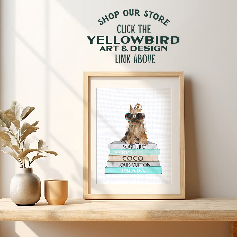 Fashion Wall Art for Yorkie Lovers - Luxury High Fashion Room Decor, Home Decoration for Bedroom, Bathroom, Living Room - Blue Glam Dog Wall Decor - Dog Lover Gifts for Women, Girls, Teens - Unframed